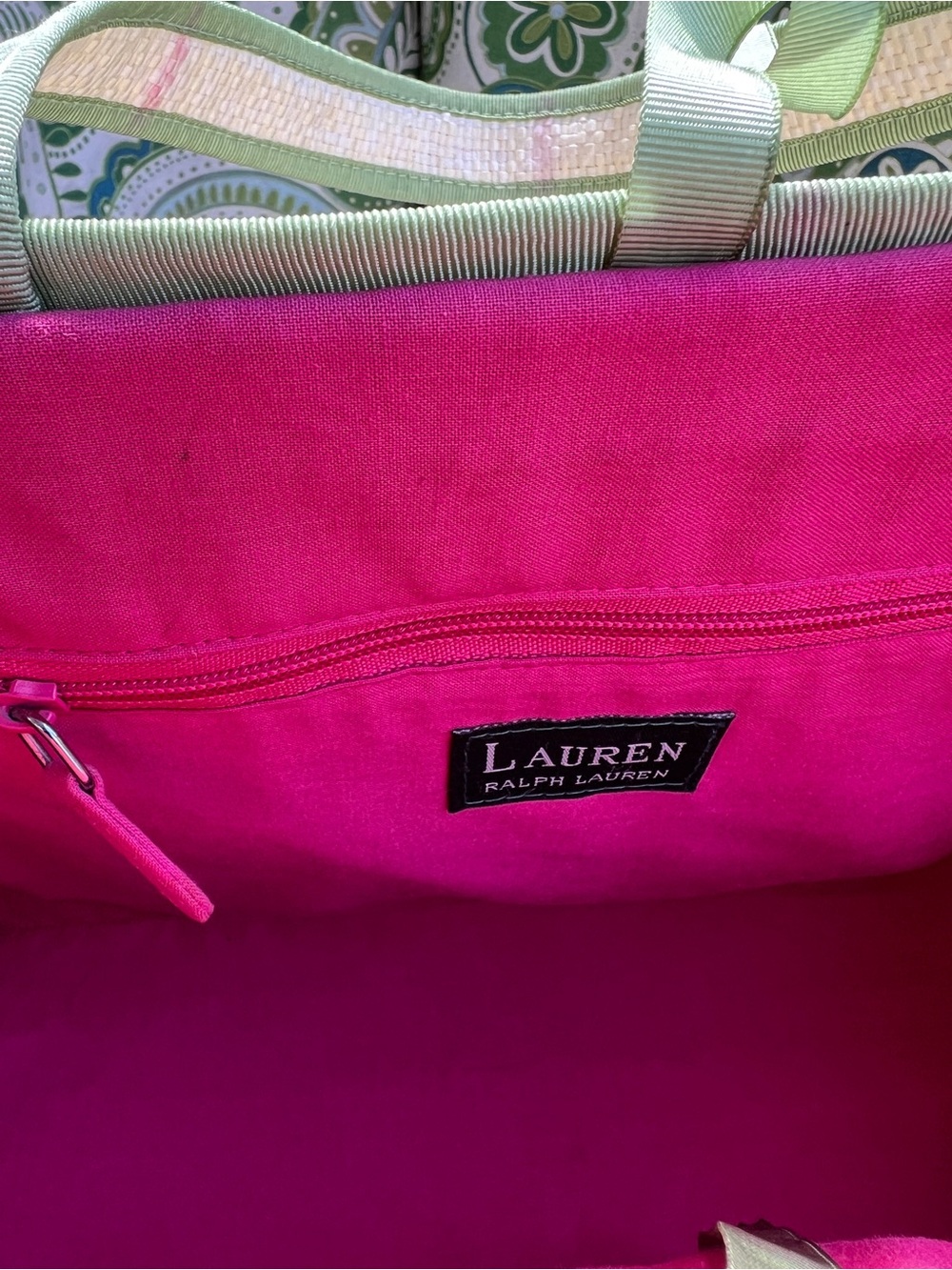 Ralph Lauren Plaid Straw Cream & Pink Tote Bag - Picture 7 of 8